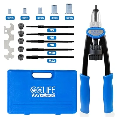 Immagine di CCLIFE Rivettatrice Manuale per Inserti Filettati, Set con Mandrini M5 M6 M8 M10 M12 e 150 Dadi Rivetti in Acciaio Inossidabile