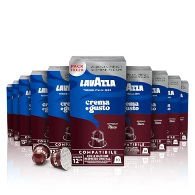 Immagine di Lavazza, Crema e Gusto Ricco, 200 Capsule in Alluminio Compatibili con Macchine Nespresso Original, Note di Cioccolato, Legno Spezie, Arabica Robusta, Intensità 11/13, Tostatura Scura