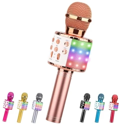 Immagine di ShinePick Microfono Karaoke Bluetooth, bambini, Microfoni Wireless LED Flash Portatile Player con Altoparlante per Android/iOS, PC e Smartphone(Oro Rosa)