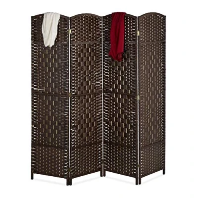 Immagine di Relaxdays Paravento a 4 Pannelli, HxL: 170 x 160 cm ca, Divisore Pieghevole, Separé per Ambienti Interni, in Marrone, Corda di Carta, Legno, 1 pz