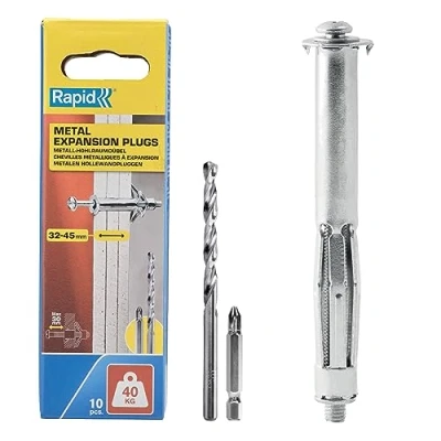 Immagine di Rapid Confezione da 10 Tasselli ad Espansione in Metallo per Pareti Cave Cartongesso e Truciolari dallo Spessore di 32 45 mm, Supportano fino un Carico 40 Kg