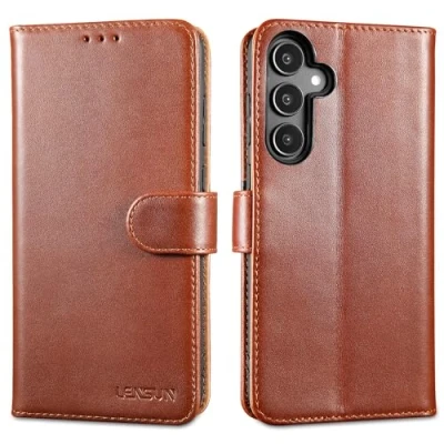 Immagine di Lensun Custodia per Samsung Galaxy A55 5G, Telefono Cover in Vera Pelle Supporto Stand Libro con Portafoglio Chiusura Magnetico Flip Custodie Cuoio Marrone Scuro