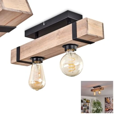 Immagine di HOFSTEIN lampada da soffitto Montgomery, moderna in metallo/legno, colore nero/naturale, rustica dal design industriale con travi legno, 2 luci, lampadine E27,