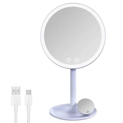 Immagine di EMKE specchio cosmetico con illuminazione, da tavolo ricaricabile, ingrandimento 1/3x, interruttore touch e funzione memoria, spegnimento automatico (azzurro)
