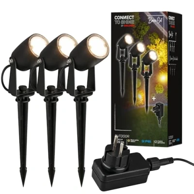 Immagine di Briloner illuminazione da giardino Connect to Shine 12V, set di 3 faretti LED con picchetto, base trasformatore, IP65, luce bianca calda, faretto a LED, 25,5x4 cm, nero