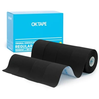 Immagine di OK tape Kinesiologico 5cm x 5m, Nastro Atletico Terapeutico Elastico Resistente, Senza Latex, Antidolore, Recupero Lesioni, per il ginocchio, articolazioni, supporto muscolare(4 Rotoli, Nero)