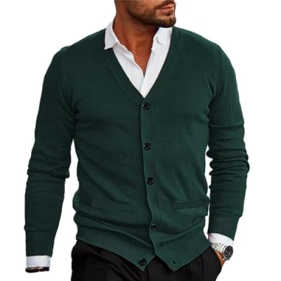 Immagine di WESBR Maglia Maglione Uomo Taglio Sottile Maglieria Fine Cardigan Scollo V Abbottonatura Giacca Casual Maniche Lunghe A Green L