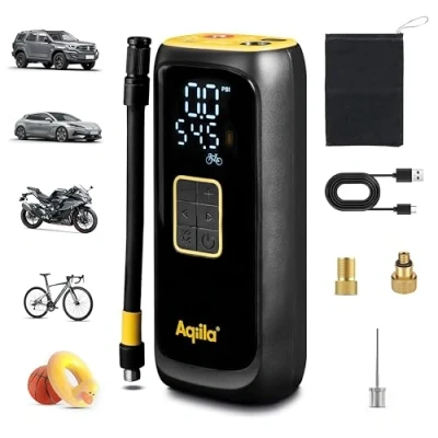 Immagine di Aqiila Airbird C4 Pompa d&#039;aria portatile e compressore ad alte prestazioni con batteria integrata, torcia, configurazione rapida spegnimento automatico per un gonfiaggio preciso senza sforzo.