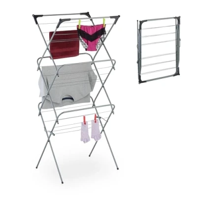 Immagine di Relaxdays Stendibiancheria Verticale, Stendino Pieghevole a Torre con 18 Aste per Vestiti, 136x62x51 cm, Metallo, Grigio, Ferro