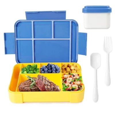 Immagine di AiQInu Porta Pranzo Bambini, 1330ml Lunch Box con 5 Scomparti e Posate, Bento Senza BPA, per Lavoro Picnic Ufficio, Giallo