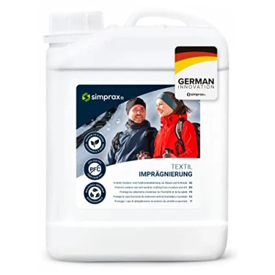 Immagine di simprax® Spray impermeabilizzante per Tessuti di Lunga Durata Speciale PE Outdoor e Funzionali Gore Tex, Sympatex, Softshell Oeko Certificato GOTS, Senza propellenti 2,5L