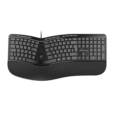 Immagine di MediaRange tastiera ergonomica, multimediale cablata con 124 tasti e rotella di scorrimento, layout tedesco QWERTZ, resistente agli schizzi regolabile in altezza, colore nero