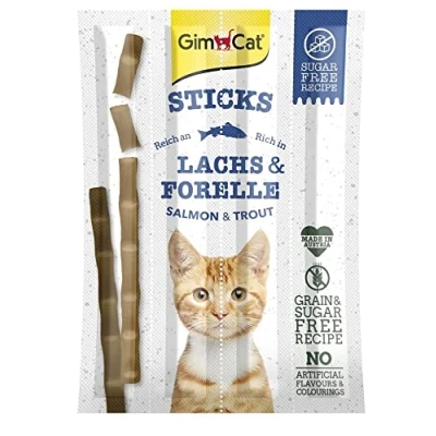 Immagine di Gimcat Sticks, con Salmone &amp; Trota, Masticare morbido come ricompensa alto contenuto di carne e vitamin, 24 confezioni (24 x 4 bastoncini)