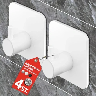 Immagine di Menz Portasciugamani senza foratura, set di 4 ganci adesivi, in acciaio inox, con cuscinetti adesivi impermeabili, autoadesivi per bagno, cucina, bagno
