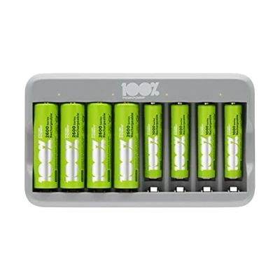 Immagine di Caricabatterie a 8 Slot per Pile Ricaricabili AA e AAA NiMH 100% Peakpower Include 4 Batterie 2100 mAh 850 Caricatore USB
