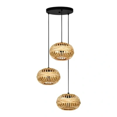 Immagine di Eglo Amsfield 1 Lampada a sospensione 3 luci, da appendere sopra il tavolo pranzo, con attacco E27, diametro 48 cm, in metallo nero e bambù marrone
