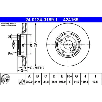 Immagine di ATE 24.0124 0169.1 Disco freno 280,0 24,0 5 108,0 ventilato rivestito ad alto tenore di carbonio RENAULT: LAGUNA 2 Grandtour