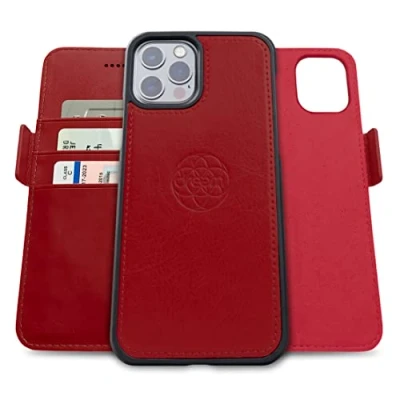 Immagine di dreem Fibonacci compatibile con iPhone 13 Pro custodia a portafoglio/custodia antiurto 2 in 1 e folio pelle vegana staccabile, MagSafe, protezione RFID [Rosso]