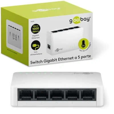 Immagine di goobay switch di rete Ethernet 64563 Gigabit a 5 porte, LAN con max. 1000 Mbit/s, design senza ventole, Plug &amp; Play, distribuzione dati ottimizzata, bianco