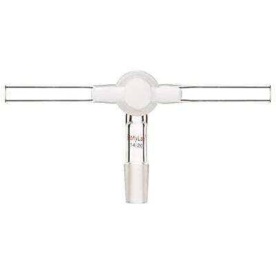 Immagine di stonylab Adattatore di Controllo del Flusso Vuoto in Vetro Borosilicato Ingresso a Forma T Con Giunto 14/20 Doppi Collegamenti per Tubi e Rubinetto Chiusura PTFE