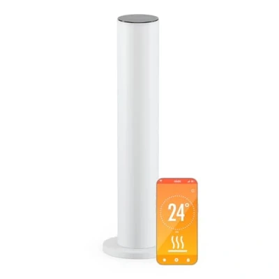 Immagine di blumfeldt SmartFlow Tower Stufa a Infrarossi, 700W Pannello Touch, WiFi &amp; App, Termostato, Protezione dal Surriscaldamento, Timer, IP44, Max. 37 C, 7 14m², Bianco