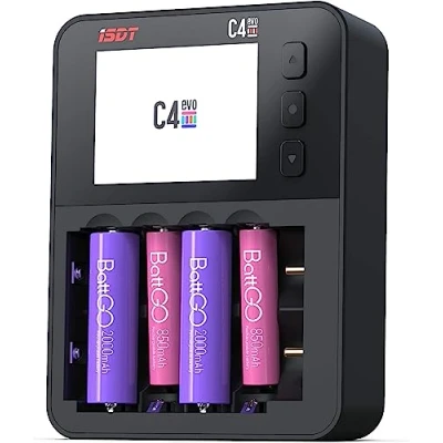 Immagine di ISDT C4EVO Caricabatterie Universale 6 Slot, Caricatore per Batterie Ricaricabili AA/AAA NiMH NI Cd agli Ioni di Litio, LiHv LiFePO4 18650 Tipo C Display IPS Prevenzione Antincendio