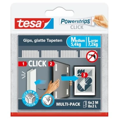 Immagine di tesa Powerstrips CLICK Strisce autoadesive per scatto a di cornici e decorazioni da parete senza fori adesive con sistema ON OFF 6 x 2M 8 2 L