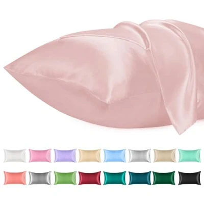 Immagine di Lirex Set di 2 Federe in Raso, Decorativi Morbido Tinta Unita Quadrate Cuscini Federa Satin per Cuscino Senza Rughe Resistente Allo Sbiadimento Traspirante (Rosa Chiaro, 50 x 80 cm)