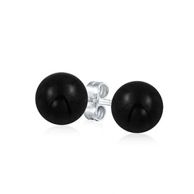 Immagine di Semplici Orecchini A Perno Pallina Rotonda In Onice Nero Con Pietre Preziose Per Donne Argento Sterling .925 10MM