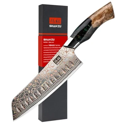 Immagine di SHAN ZU Coltelli da Cucina 18CM Acciaio Damasco &amp; Rame Giapponese Coltello Santoku ad Alto Tenore di Carbonio 33 Strati Chef Forgiato a Mano Multiuso con Manico in Acero