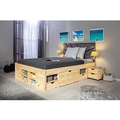 Immagine di Inter Link Letto singolo Multifunzione Con contenitore funzionale comodino 3 cassetti 2 nicchie Legno massiccio rete a doghe Grigio Till 90 x 200 cm