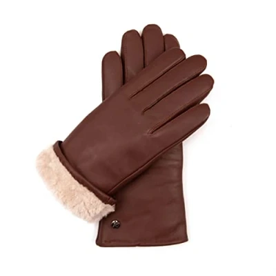 Immagine di Hand Gewand by Weikert Esclusivi guanti in pelle di agnello foderati con pelliccia merino, touchscreen, taglio lungo fino al polso, da donna agnello, Gobi, 6.5