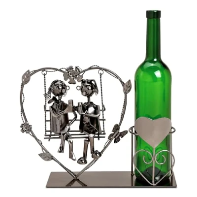 Immagine di Spetebo Portabottiglie di vino antracite 32 x 23 cm Coppia innamorati sull&#039;altalena del cuore decorativo con figure in metallo scultura bottiglie supporto argento