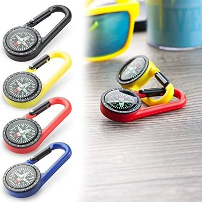 Immagine di Antevia Set di 4 moschettoni portachiavi con bussola, oltre 10 modelli, campeggio escursionismo all&#039;aperto, materiale: plastica, colori: blu, giallo, nero, rosso (Clark)