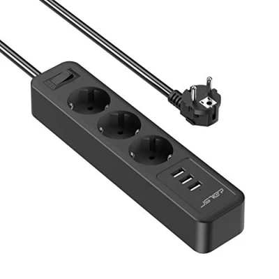 Immagine di JSVER Multipresa USB Ciabatta 3 Prese con USB, Power Strip Elettrica Prese(a Due Spine) Protezione Sovraccarico e di Sovratensione per Ufficio, casa o Viaggio Cavo 2m (Nero)