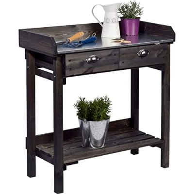 Immagine di dobar® Tavolo per Piante di Design con 2 cassetti, da Giardino ripiano, in Legno massello Abete Rosso, Giardino, terrazza, Balcone, 79 x 39 90 cm, Colore Nero