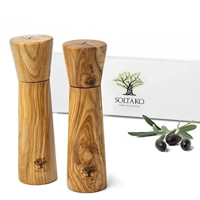 Immagine di SOLTAKO Macina Sale e pepe in legno d&#039;ulivo Set di 2 macinaspezie Macinino manuale qualità premium Autentico Accessori da cucina