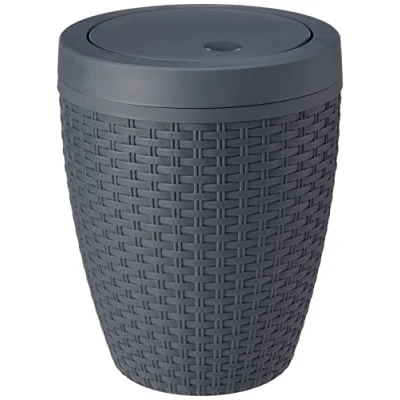 Immagine di Addis Cestino da Bagno Rotondo in Finto Rattan con Coperchio Basculante, Carbone, Swing Bin