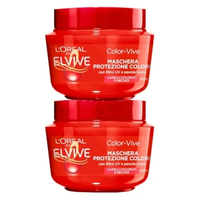 Immagine di L&#039;Oréal Paris Elvive Color Vive Maschera Protezione Colore per Capelli Colorati o con Meches Formula Nutriente Ravvivante Illuminante Estratto di Peonia Rossa e Filtro UV 2 Barattoli da 300ml
