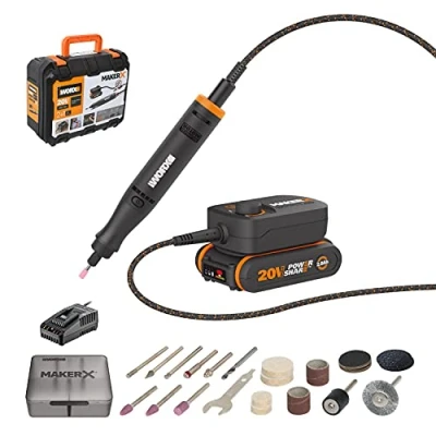 Immagine di WORX 18V(20V MAX) MakerX Utensile rotante, PowerShare, Set di Accessori da 30 Pezzi, 1 Batteria 2Ah con Indicatore, Caricatore 2Ah, WX739