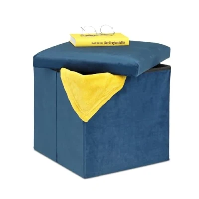Immagine di Relaxdays Pouf Contenitore Pieghevole, Sgabello Poggiapiedi Imbottito, HxLxP: 38 x cm, in MDF e Velluto, Blu, 60% Fibra di Legno 30% 10% gommapiuma, 1 pz