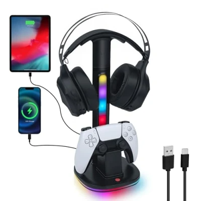 Immagine di Tolesum Base Stazione di Ricarica per Controller PS5 con Cuffie RGB e Supporto Controller, Porta 2 porte USB Caricatore Joystick Playstation 5 DualSense Edge Accessori Gaming