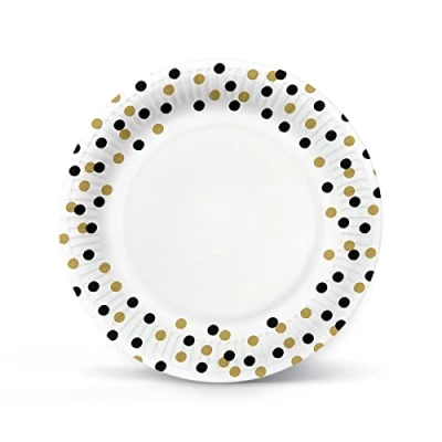 Immagine di PAW Piatti Carta Compleanno (23 cm) I 8 Pezzi Usa e Getta Classico, Elegante, Oro, Nero di per Feste, Vacanze, Matrimoni 100% Biodegradabile Colore: Confetti