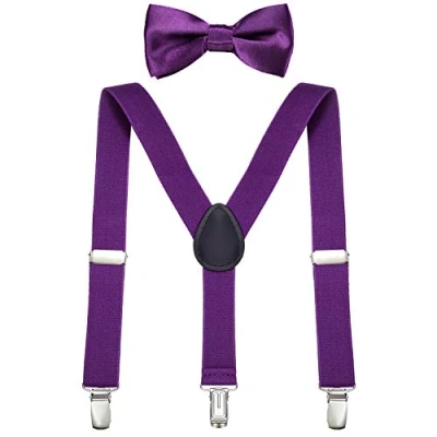 Immagine di DonDon Set bretelle bambino e papillon rosa antico elastici regolabili per bambini da 1 a 8 anni