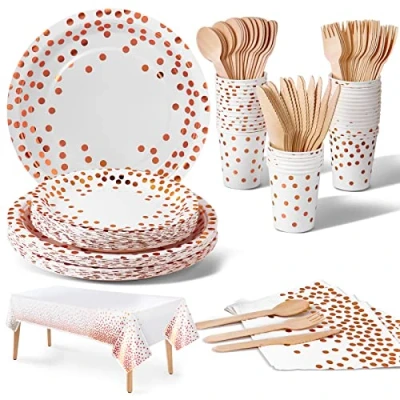 Immagine di Nkaiso Stoviglie per Feste Oro Rosa 141 Pezzi Carta Set Include Piatti di Tovaglioli Tazze stoviglie, Nuziale Doccia, Fidanzamento, Matrimonio, Compleanno(20 Ospiti)