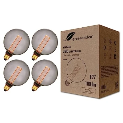 Immagine di greenandco 4x lampadina a LED di design vintage in stile retrò E27 G125 4W 100lm 1800K 320 230V, grigio fumo, nessun sfarfallio, non dimmerabile