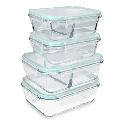 Immagine di Navaris Contenitori in Vetro Ermetici per Alimenti Set 4X Contenitore Microonde Freezer Lavastoviglie Coperchio e Divisore 2 Misure Rettangolari