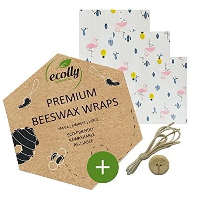 Immagine di ecolly Involucri di cera d&#039;api Set 3 (S, M, L), Salviette d&#039;api, Carta Premium Beeswax Wraps, Plastica libera e riutilizzabile, senza olio jojoba Tropical