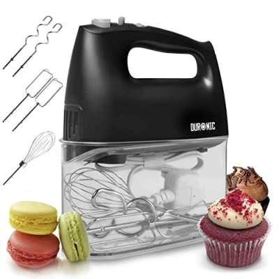 Immagine di Duronic HM4 BK Sbattitore elettrico 5 velocità e funzione turbo frusta elettrica con contenitore per accessori 2 sbattitori ganci 1 in acciaio INOX Nero