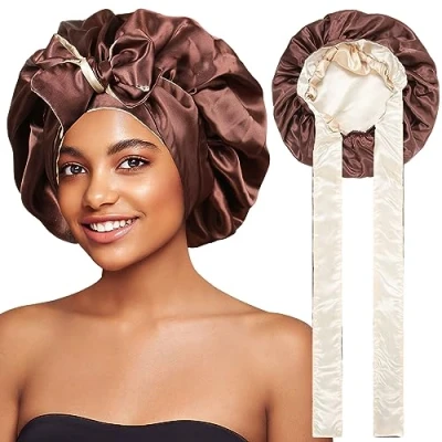 Immagine di Coubeau Cuffia Seta Capelli Notte da Donna Ricci in per Dormire Berretto Raso con Cinturino Elastico